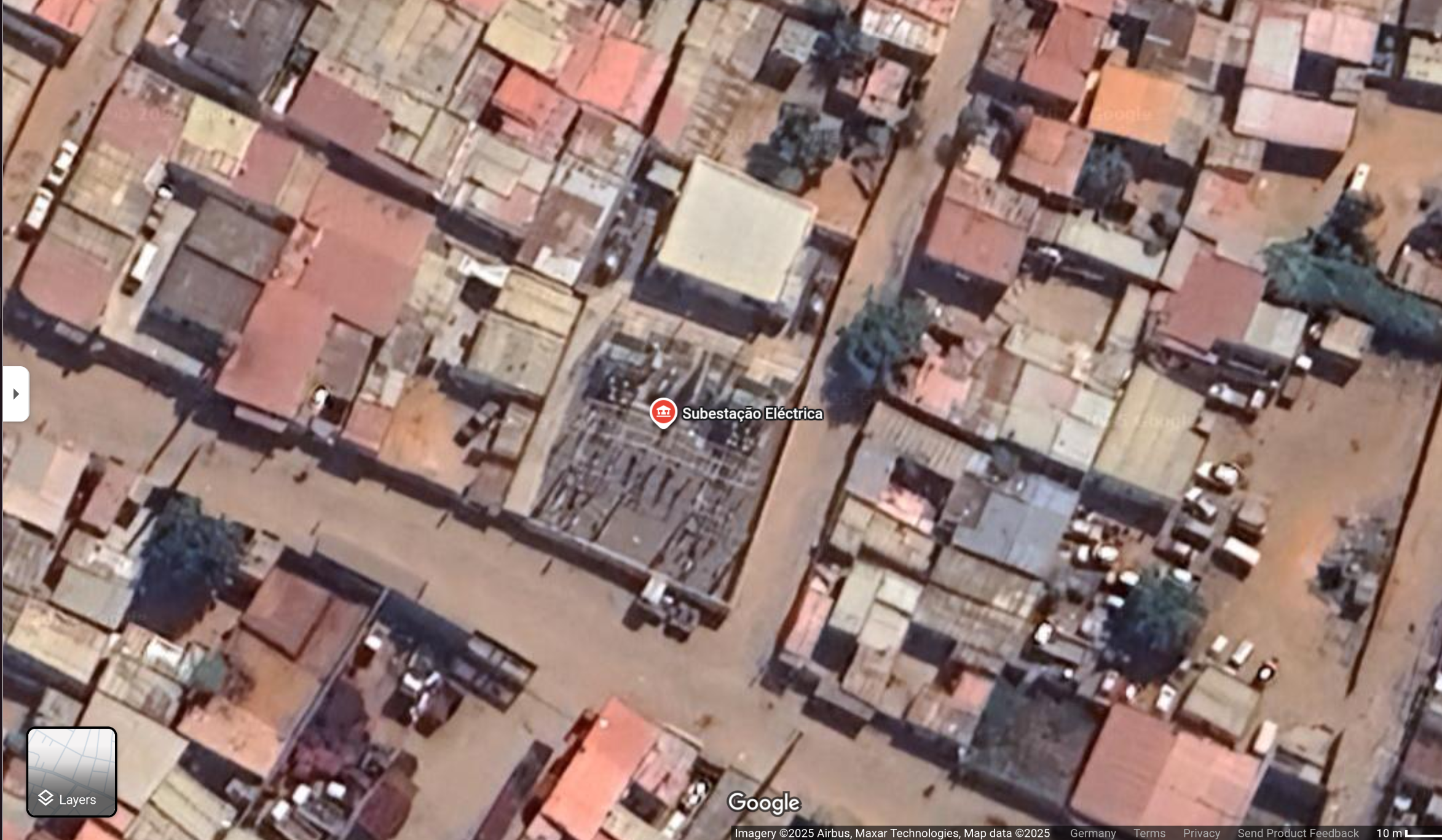 Google Maps Satellite view showing substations in Angola