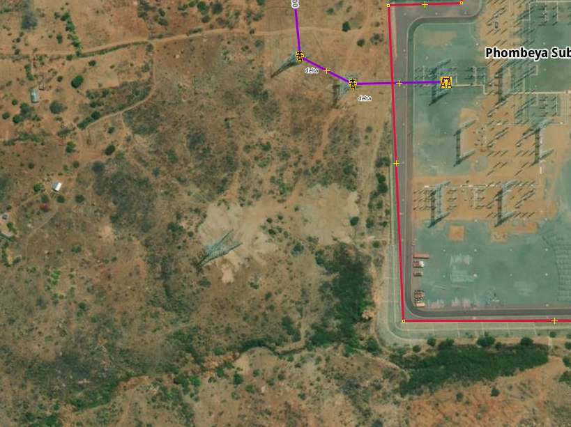 Substation in Malawi with unmapped interconnector in the left corner